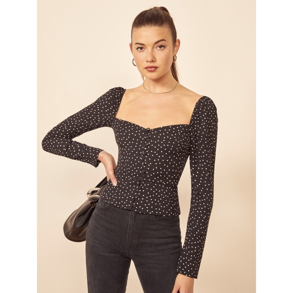 Reformation Rosaly Black White Polka Dot Peplum Blouse Top Size 6